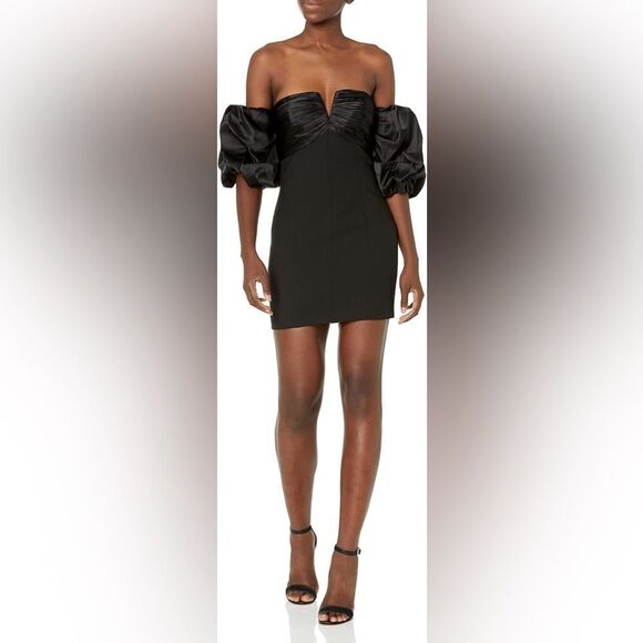 CINQ A SEPT Teo Off Shoulder Puff Sleeve Mini Dress Satin Crepe Black - Picture 3 of 10